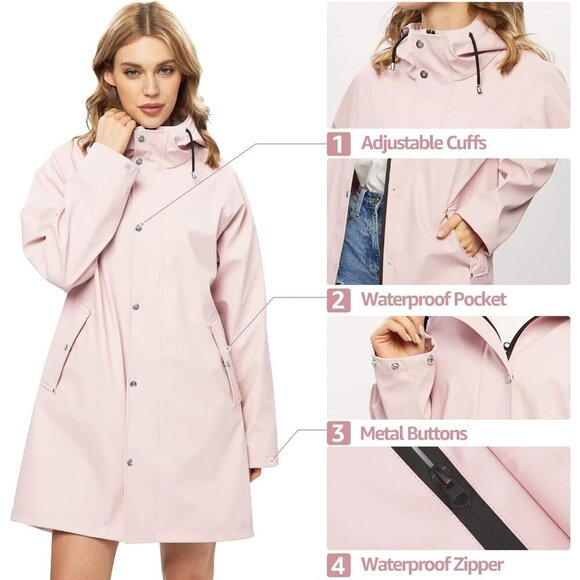 Women’s Upgrade Pink Waterproof Rain Jackets Hooded Long Raincoat & Windbreaker - Picture 4 of 5